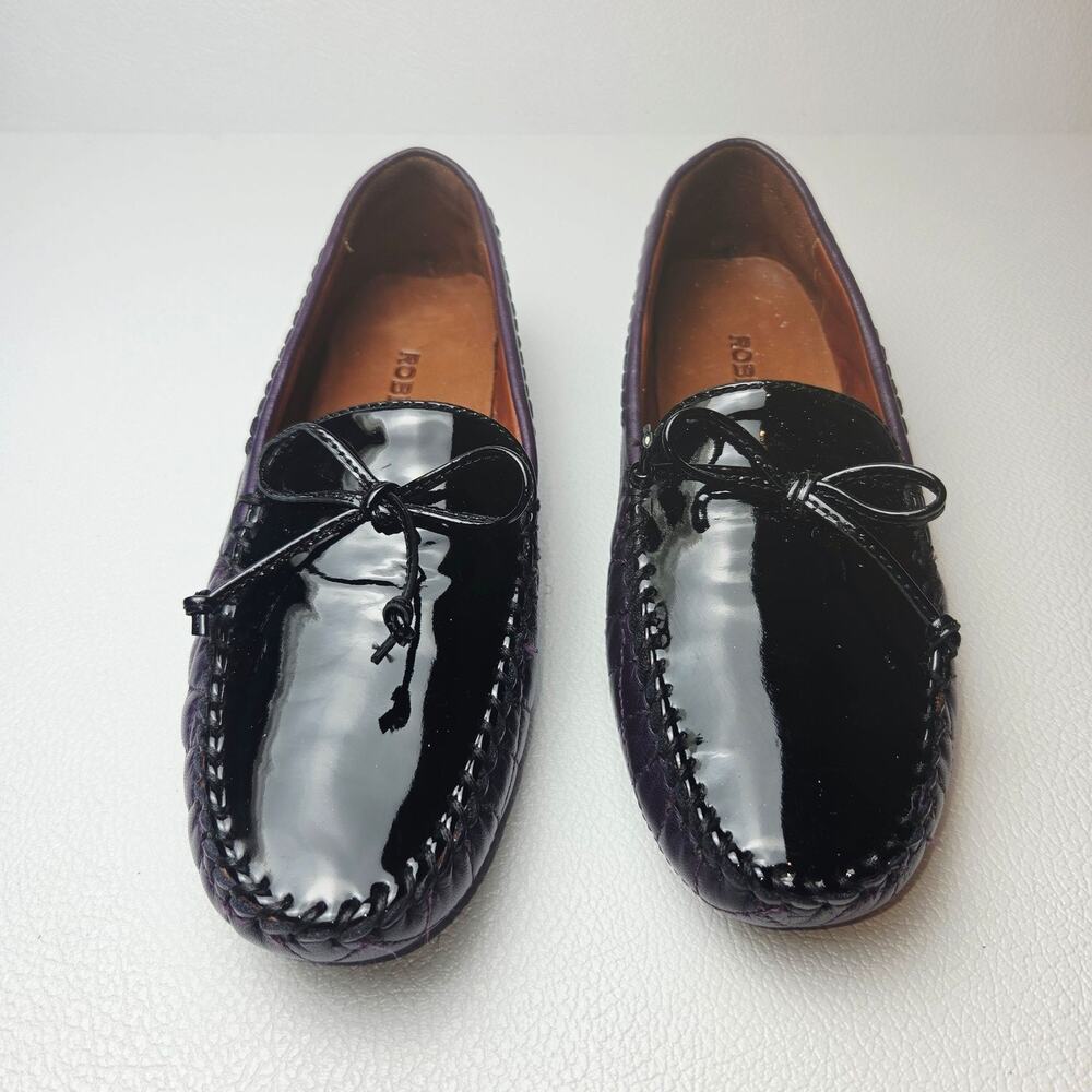 Robert Zur Flats 7.5 Purple Patent Leather Moccasin Bow Driver Loafer Quilted
